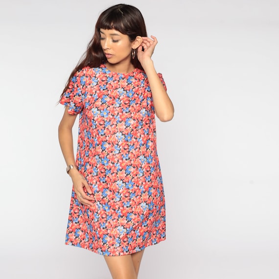 60s Floral Shift Dress 60s Mod Mini Print Hippie Vintage 70s Gogo Twiggy Sixties Minidress Short Sleeve Red Blue Small Medium