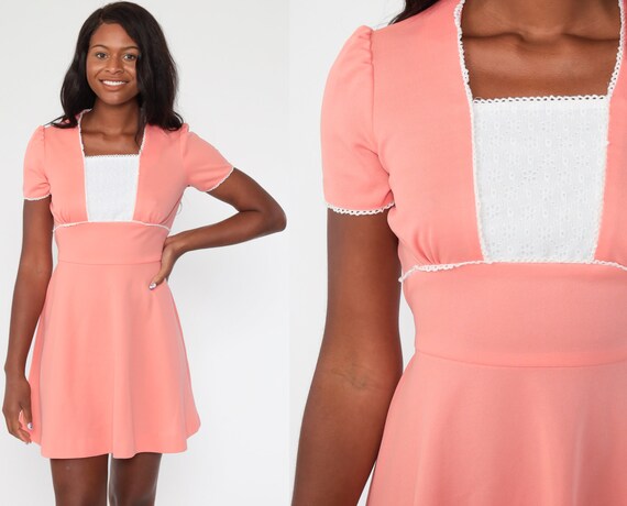 Lace Babydoll Dress Peach Mod Victorian 70s Mini D