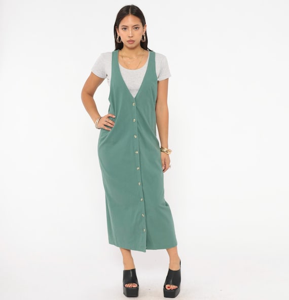 90s Teal Jumper Dress Button Front Sleeveless V Neck Cotton Maxi Pinafore Sage Green Layering Apron Style Vintage Minimalist Prairie Small S
