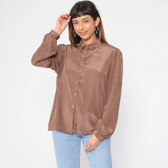 Puff Sleeve Blouse 80s Mocha Brown Top Button Up Shirt Plain Boho Hippie Collar Top Vintage 1980s Long Sleeve Shirt Large xl