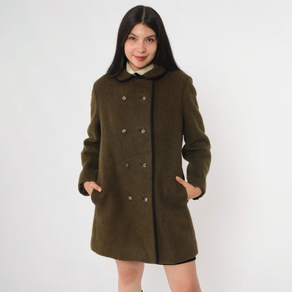 Wool Mini Coat 60s Mod Coat Peter Pan Collar Olive Green Wool Double Breasted Silver Buttons Mini Coat Twiggy Style Go Go Medium M 10