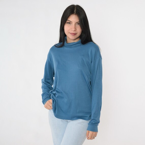 80s Blue Turtleneck Shirt Vintage Long Sleeve Top 1980s Funnel Retro Funnel Turtle Neck Bobbie Brooks Top Simple Plain Extra Large xl