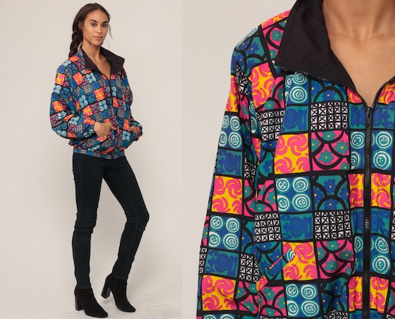 90s Jacket Geometric Print Retro Windbreaker 80s Windbreaker Jacket Floral Jacket Blue Bright Pink Hipster Vintage Extra Large xl