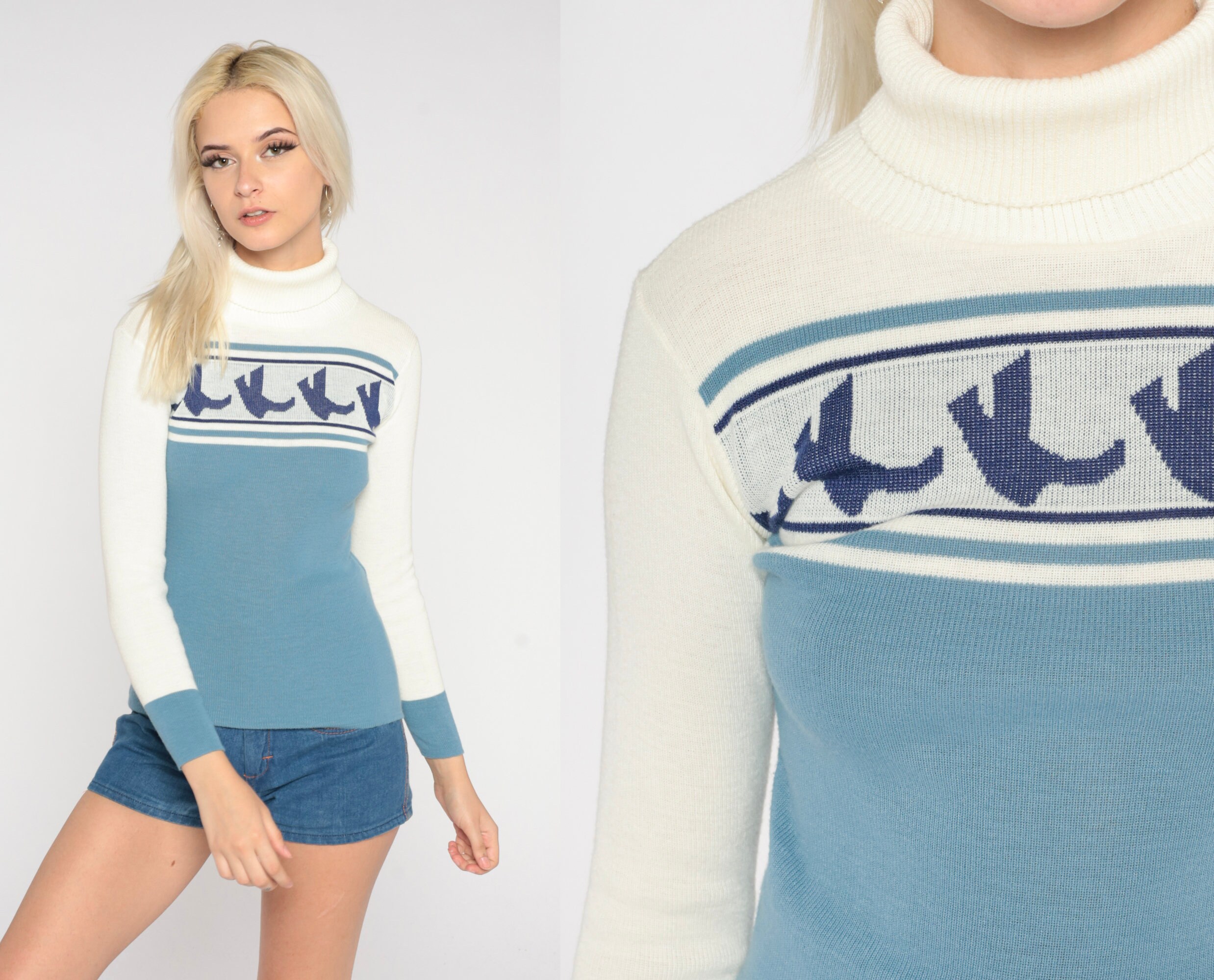 70s Turtleneck Sweater White Blue Bird 