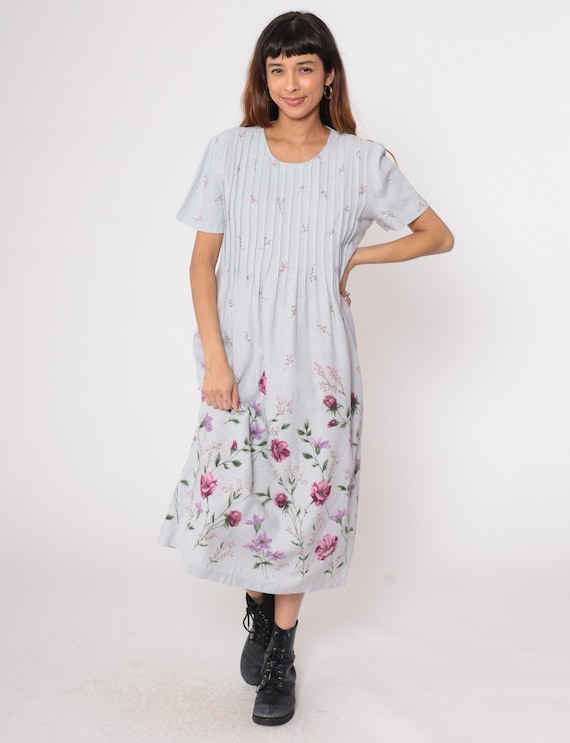 Grunge Dress 90s Grey Floral Pink Purple Pleated Short Sleeve Midi Vintage Soft Grunge Romantic Minimalist Summer Linen Feminine Large L 12