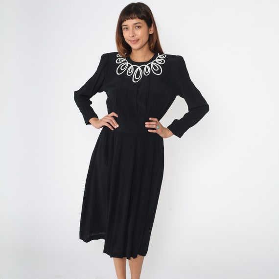 Plain Black Dress 80s 90s White Soutache Midi Dress Power Shoulder High Waisted Blouson 1990s Vintage Long Puff Sleeve Solid Rayon Small
