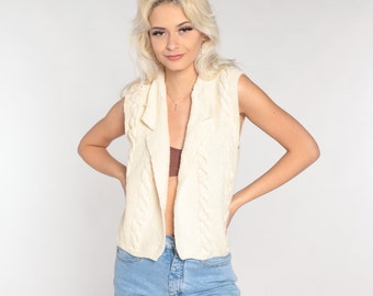 Vintage Cable Knit Vest 80s Cream Sweater Vest Open Front Sleeveless Sweater Retro Collared Cableknit Preppy Layering Acrylic 1980s Small S