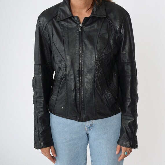 80s Leather Jacket Black Leather Moto Jacket Moto… - image 7