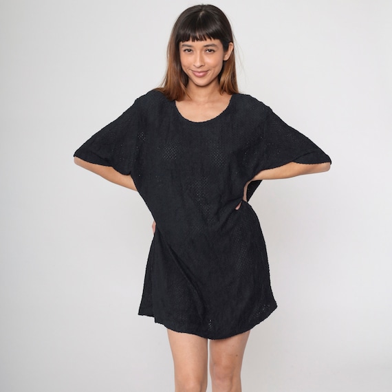 Black Mini Dress 90s Semi-Sheer Openwork Shift Dress Knit Mesh LBD Plain Short Sleeve Little Black Dress Vintage 1990s 18W Plus Size xxl