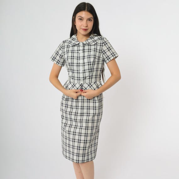 Plaid Two Piece Set 60s Navy Blue White Check Jacket Dress Vintage Mod Sleeveless Matching Set Coordinating Preppy Classic Extra Small XS 0