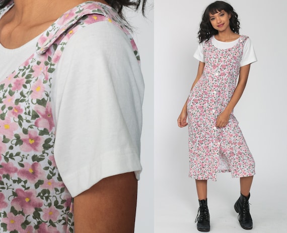 90s Jumper Dress ATTACHED SHIRT Pink Floral Pinafo
