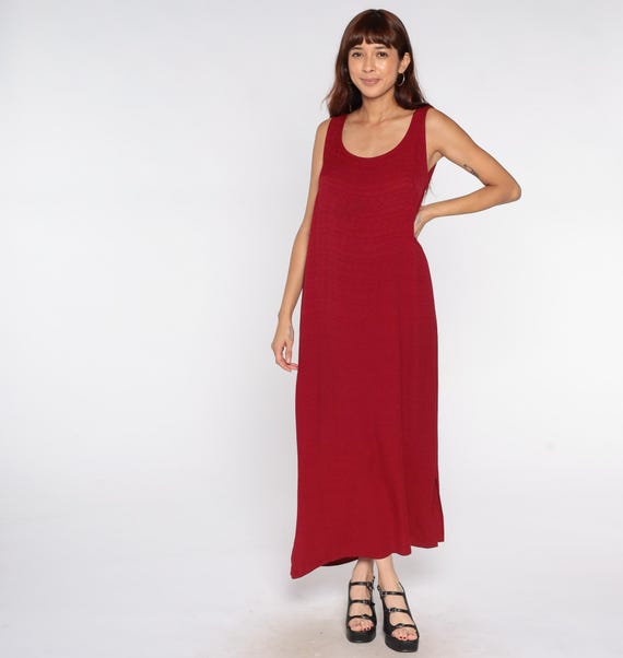 Minimalist Maxi Dress 90s Red Tank Sleeveless Column Dress Simple Scoop Neck Long Summer Shift Dress Vintage Side Slits L Large