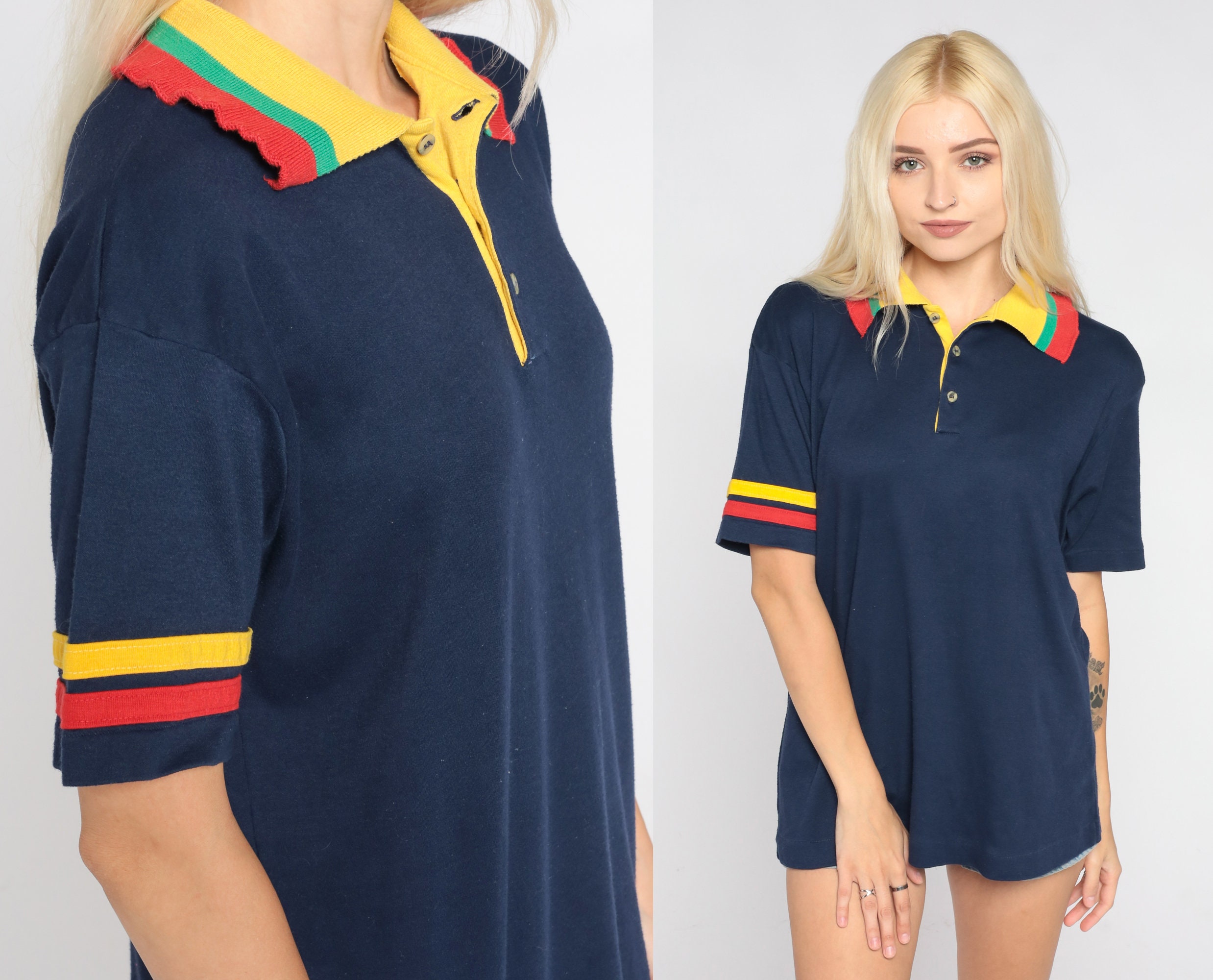 red and navy blue striped polo shirt