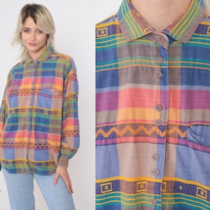 Geometric Checkered Shirt 80s 90s Southwestern Plaid Button Up Blouse Zig Zag Chevron Collared Vintage Long Sleeve Blue Pink Taupe Large image 1