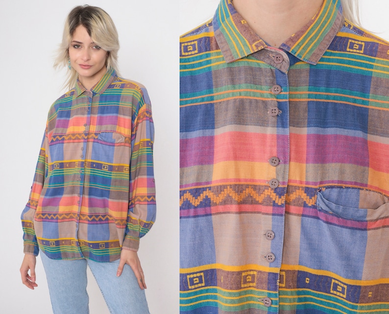 Geometric Checkered Shirt 80s 90s Southwestern Plaid Button Up Blouse Zig Zag Chevron Collared Vintage Long Sleeve Blue Pink Taupe Large image 1