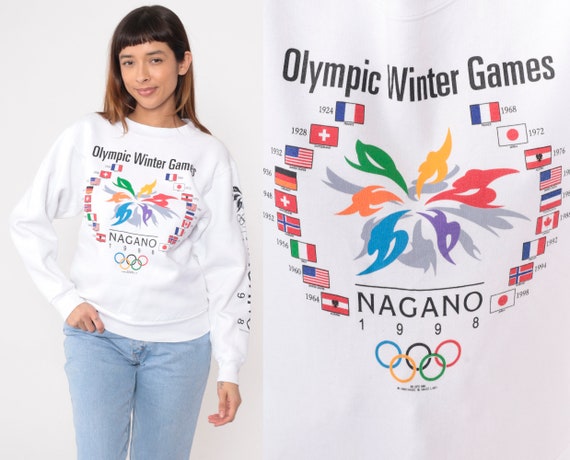 Nagano Winter Sports Sweatshirt 1998 Graphic Japan Games Sweater 90s Sporty Shirt Vintage Retro 1990s Crewneck White Extra Small xs