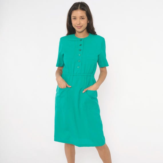 80s Teal Button Front Dress Short Sleeve Elastic Waist Knee Length Shirtdress Patch Pockets Aqua Turquoise Green Vintage Women Small S
