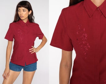 90s EMBROIDERED Top Dark Red Floral Blouse Hippie Shirt Boho Button Up Shirt Short sleeve Vintage Small S