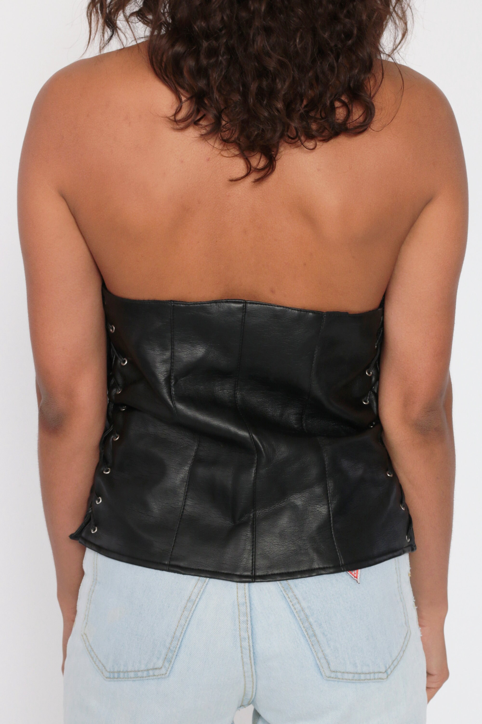[41% OFF] 2021 Faux Leather Panel Halter Corset Top In BLACK | DressLily