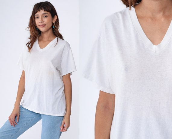 90s White T Shirt V Neck Tee Shirt Plain Tshirt P… - image 1