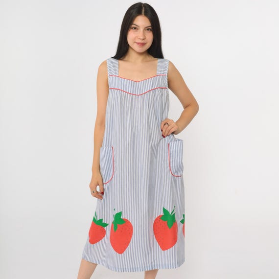 80s Striped Strawberry Dress Vintage Retro Midi Dress Sleeveless Sundress Tent Tank Dress Casual Day Sun Beach Blue White 1980s Small Medium