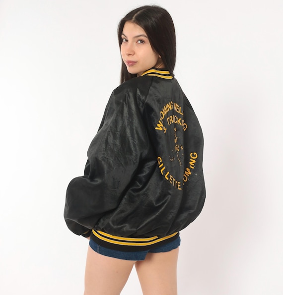 80s Satin Bomber Wyoming Welding Trucking Varsity Jacket Black Gold Striped Rib Knit Collar Company Work Wear Embroidered Name Gary Large L