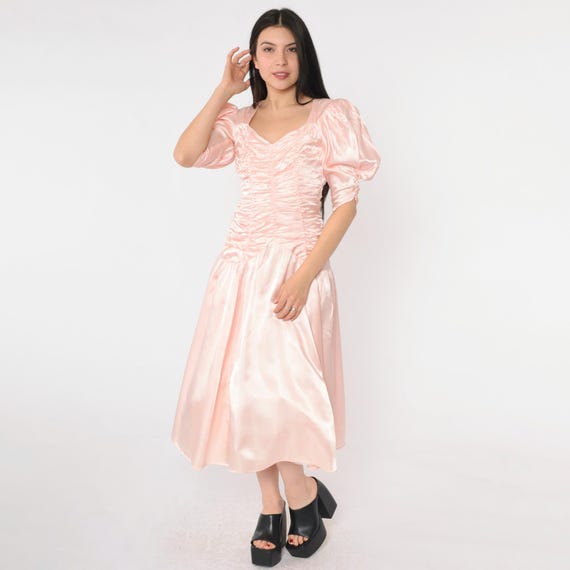 Vintage Satin Party Dress 80s Pink Ruched Puff Sleeve Open Back Bow Detail 1980s Formal Gown Midi Length Gunne Sax Jessica Extra Small xs
