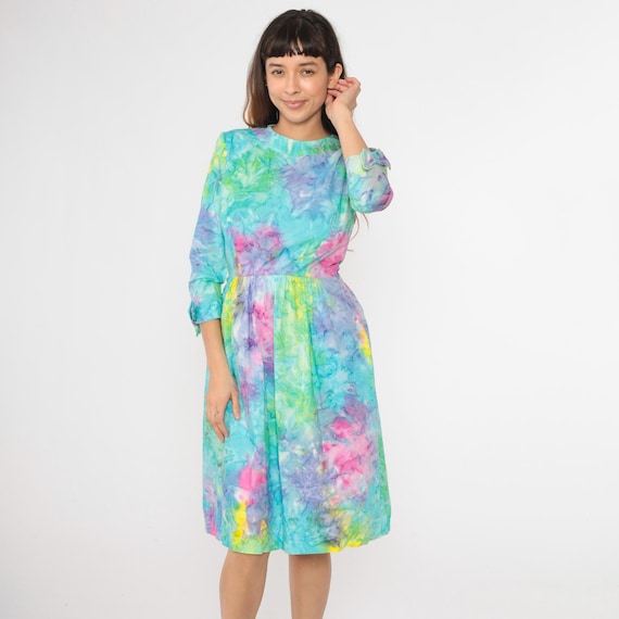 Vintage 70s Tie Dye Dress 3/4 Sleeve Bow Dress 1970s Hippie High Waist Retro Pocket Midi Boho Blue Green Pink Bohemian Party Small S