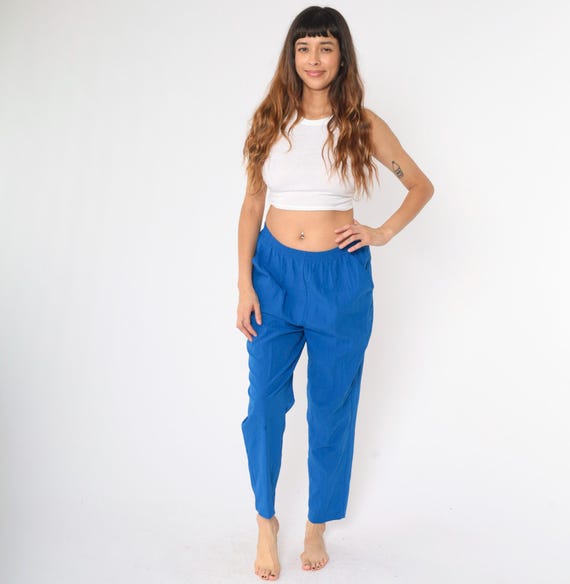 Vintage Blue Elastic Waist Pants 80s Pull On Trousers Tapered Leg Lounge Pants Retro 1980s Lightweight Normcore Medium M
