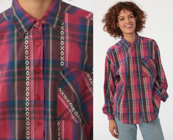 Pink Plaid Shirt 80s Button Up Blouse Women Hipster Pink Blue Checkered Top 1980s Vintage Long Sleeve Retro 90s Small
