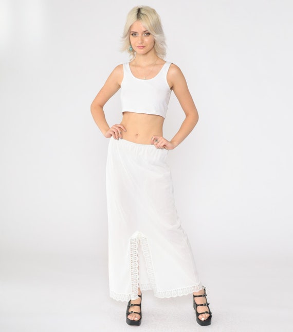 70s White Slip Skirt Lace Front Slit Hippie Skirt Maxi Half Slip 1970s Boho Bohemian Cottagecore Vintage Medium Large