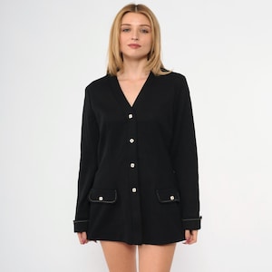 70s Black Mod Jacket Vintage Polyester Button up Blazer Disco Retro Seventies Simple V Neck Preppy 1970s Medium Large