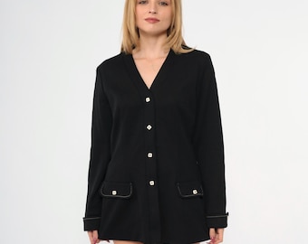 70s Black Mod Jacket Vintage Polyester Button up Blazer Disco Retro Seventies Simple V Neck Preppy 1970s Medium Large