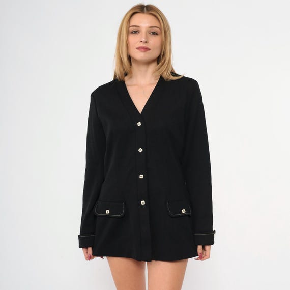 70s Black Mod Jacket Vintage Polyester Button up Blazer Disco Retro Seventies Simple V Neck Preppy 1970s Medium Large