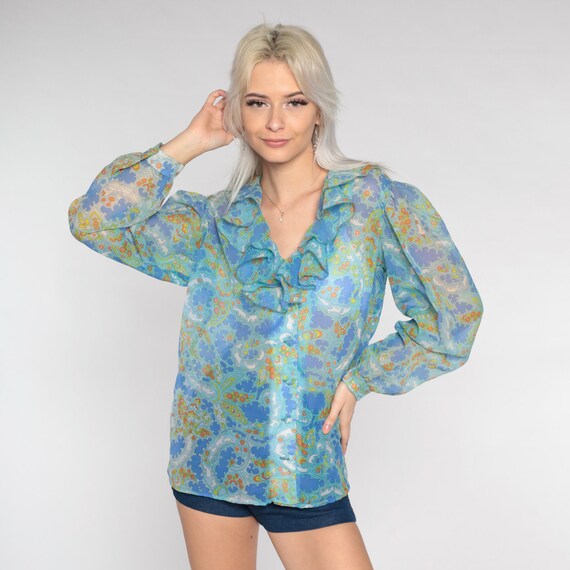 70s Ruffle Blouse Semi-Sheer Paisley Floral Deer … - image 4