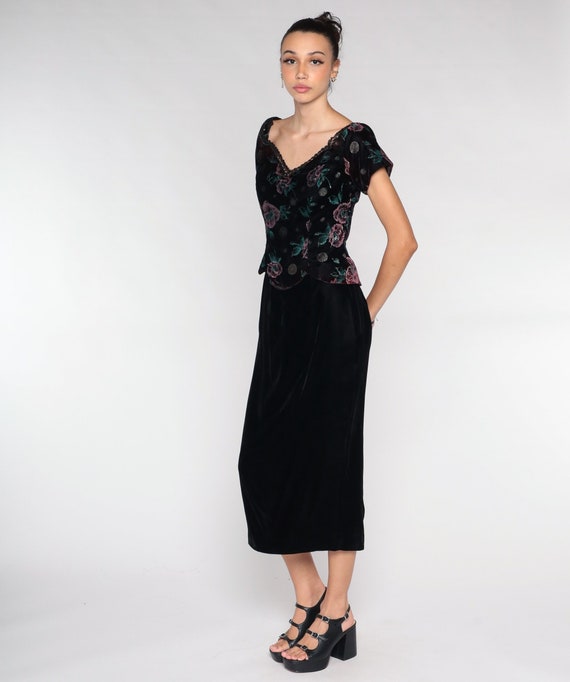 Velvet Cocktail Dress 80s 90s Floral Print Midi Pencil Dress Short Sleeve Sheath Bodycon Party Wiggle Retro Black Wine Vintage 1990s Small S