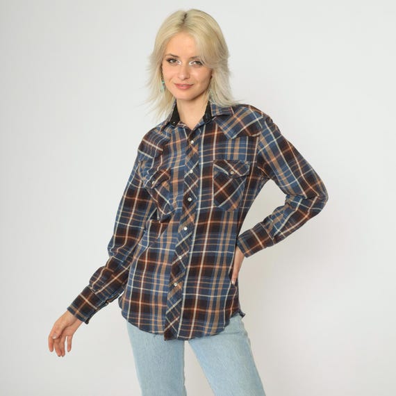 90s Wrangler Western Shirt Plaid Pearl Snap Shirt Blue Brown Checkered Long Sleeve Button up Orange Vintage 1990s Small S