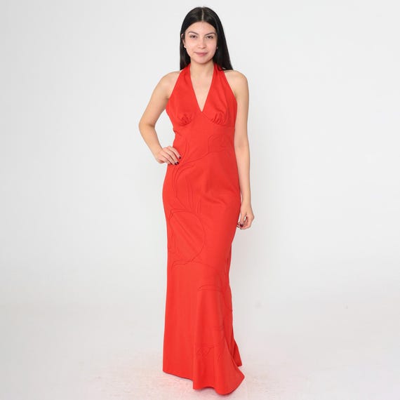 Vintage 70s Red Halter Maxi Dress Disco Textured Floral Deep V Neck Backless Elegant Boho Evening Gown 1970s Formal Open Back Hippie Small S