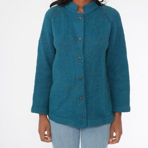 Blue Cardigan Sweater 70s Sweater Raglan Sleeve Plain Wool Blend Button Up Grandma Sweater Slouchy Boho Vintage 80s Bohemian Medium image 5