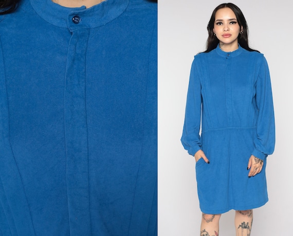80s Faux Suede Dress Blue Pleated Pocket Dress Mini Bohemian Ultrasuede 1980s Secretary High Waist Vintage Long Sleeve Retro Medium Large