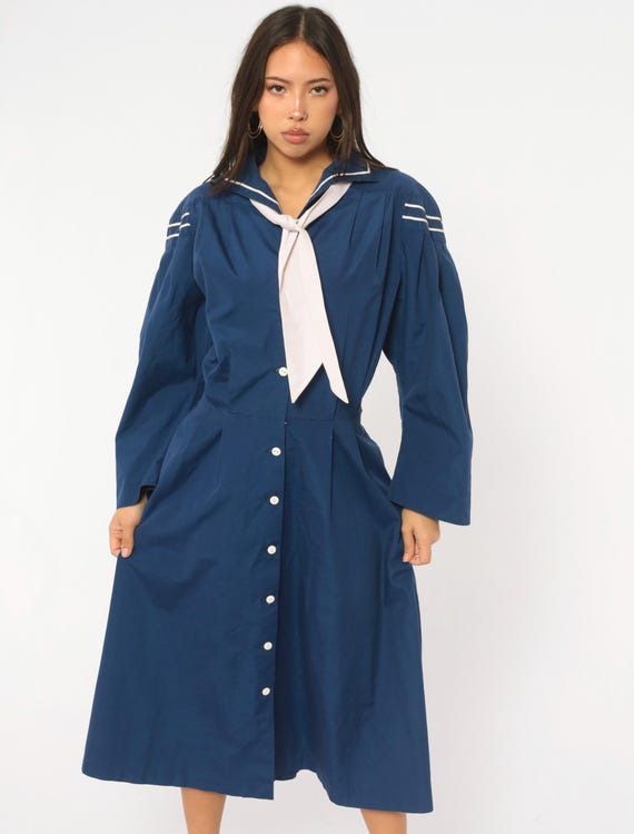 70s Sailor Collar Dress Navy Blue Button Front Long Sleeve White Tie Neck Pleated A Line Nautical Preppy Fit Flare Vintage Extra Large XL
