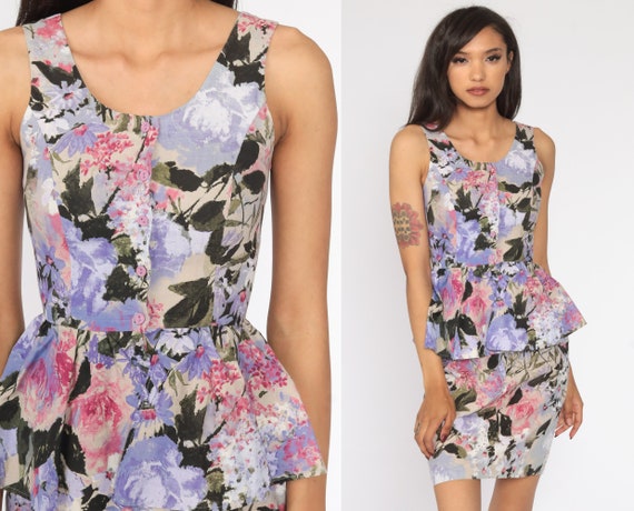 Floral Peplum Dress 80s Mini Button Up Lavender Purple Pink High Waisted Pencil Skirt Wiggle Sundress 1980s Sleeveless Extra Small xs