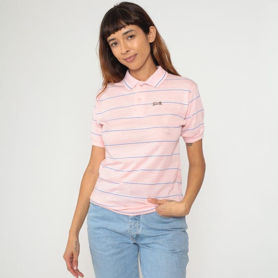 Pink Polo Shirt 80s Le Tigre Blue Stripe Cotton Short Sleeve Tennis Preppy Collegiate Vintage Golf Sport Classic Athletic Club Small S