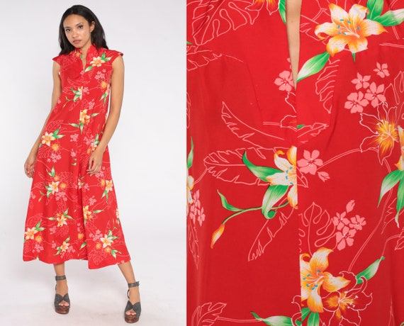 Floral Hawaiian Dress 70s Red Maxi Dress Hippie Tropical Dress 1970s Bohemian Cap Sleeve A-Line Small S