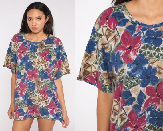 Floral T Shirt 90s Flower Print Short Sleeve TShirt Garden Party Top Bohemian Hippie Tee Grunge Boho Retro 1990s Vintage Extra Large XL 22