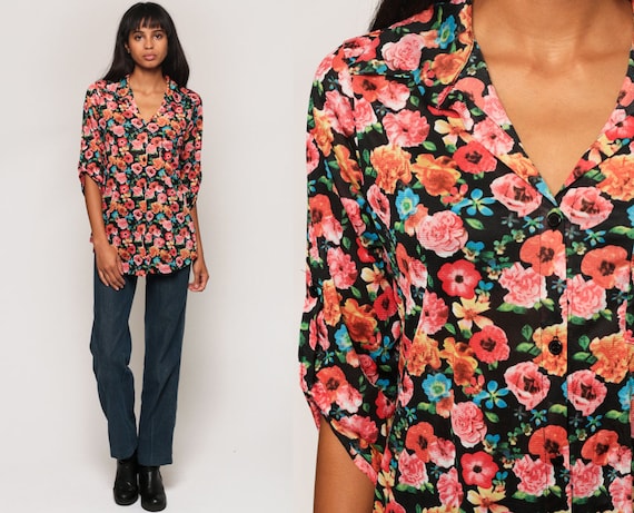 Floral Blouse Button Up Shirt 70s Boho Top Hippie Vintage 1970s Retro 3/4 Sleeve Bohemian Black Pink Medium Large