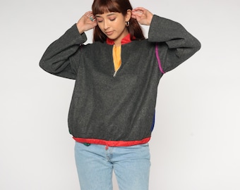 Fleece trui met kleurvlakken jaren 90 grijs rood roze Jacques Moret kwartrits neon schouderaccenten sportieve sweater atletische sportschool bedekken kleine S