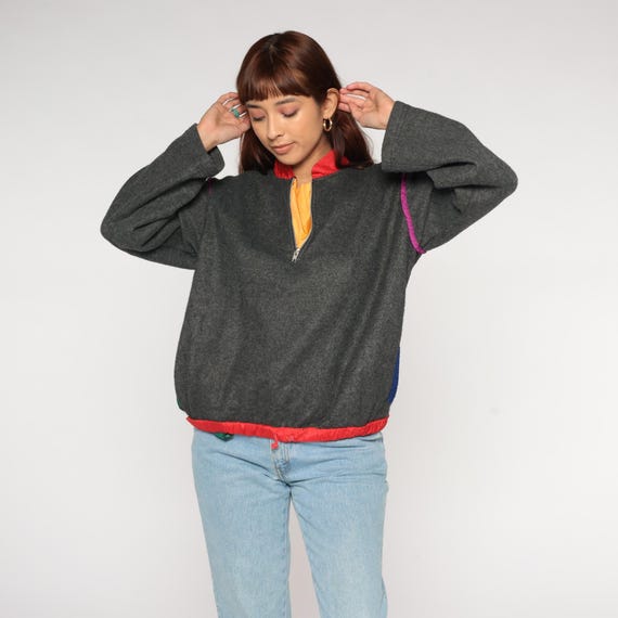 Colorblock Fleece Pullover 90s Gray Red Pink Jacques Moret Quarter Zip Neon Shoulder Accents Sporty Sweatshirt Athletic Gym Cover Up Small S