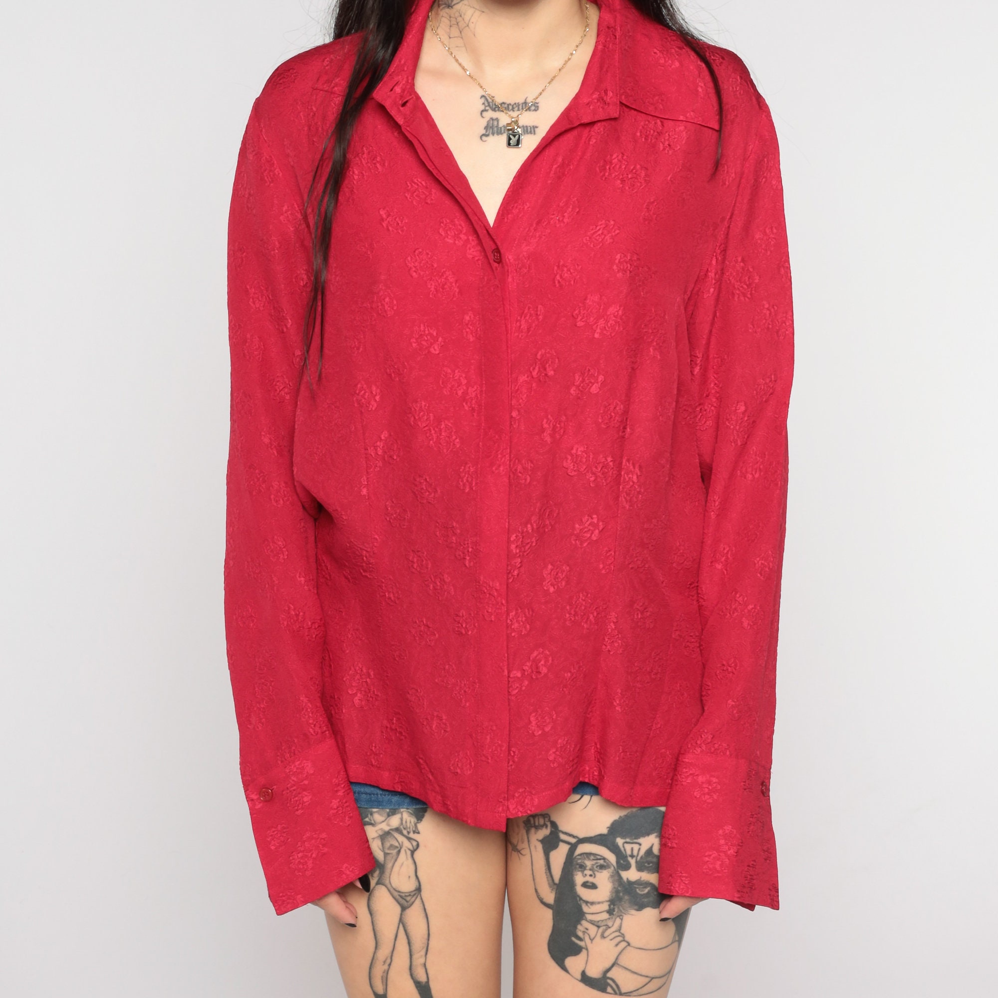 Raspberry Red Floral Shirt 90s Embossed Silk Blouse Button Up Shirt 80s