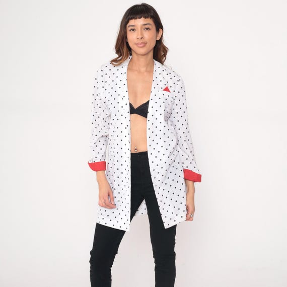 Polka Dot Blazer 90s White Black Open Front Longline Jacket Red Coral Cuffs Pocket Square Tunic Length Minimal Vintage Medium M